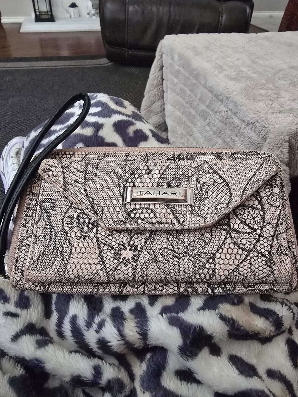 Tahari Rose Gold and Black Lace-Detail Wristlet